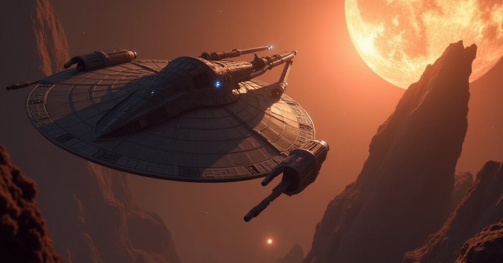 A Romulan warbird with a failing cloak pursued by a starship in Star Trek Fleet Command