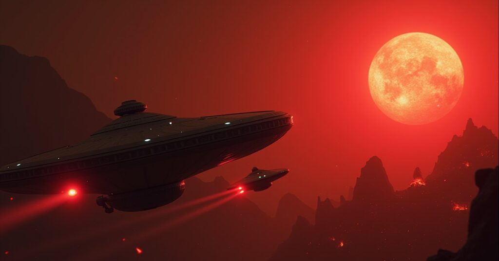 The Enterprise-E chasing a Reman warship past a Romulan colony under a red sun