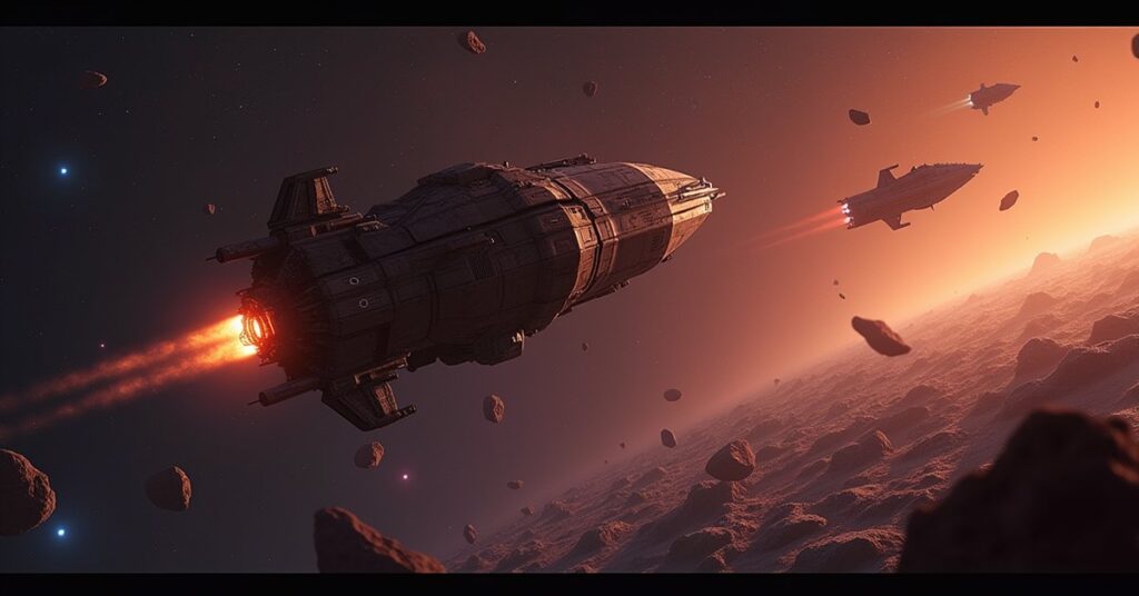 A mining starship working an asteroid belt while pirate ships lurk in the distance in Star Trek Fleet Command