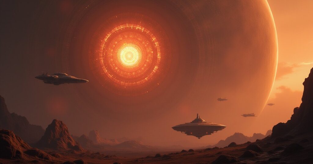 An ancient Progenitor installation glowing in orbit as Vulcan and Arkonian ships battle nearby