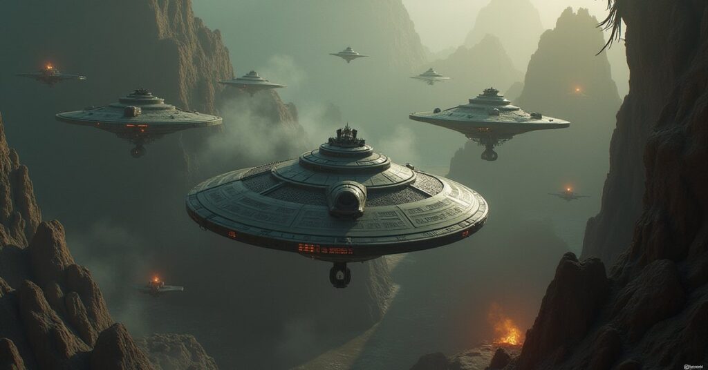 A starship caught between Klingon and Romulan fleets amid Borg wreckage in Star Trek Fleet Command