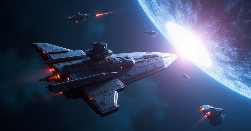 The retro-styled Protector emerges from a quantum rift beside a Federation starship