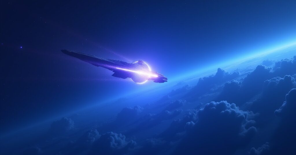 A starship meeting a glowing alien vessel above an uncharted world in Star Trek Fleet Command