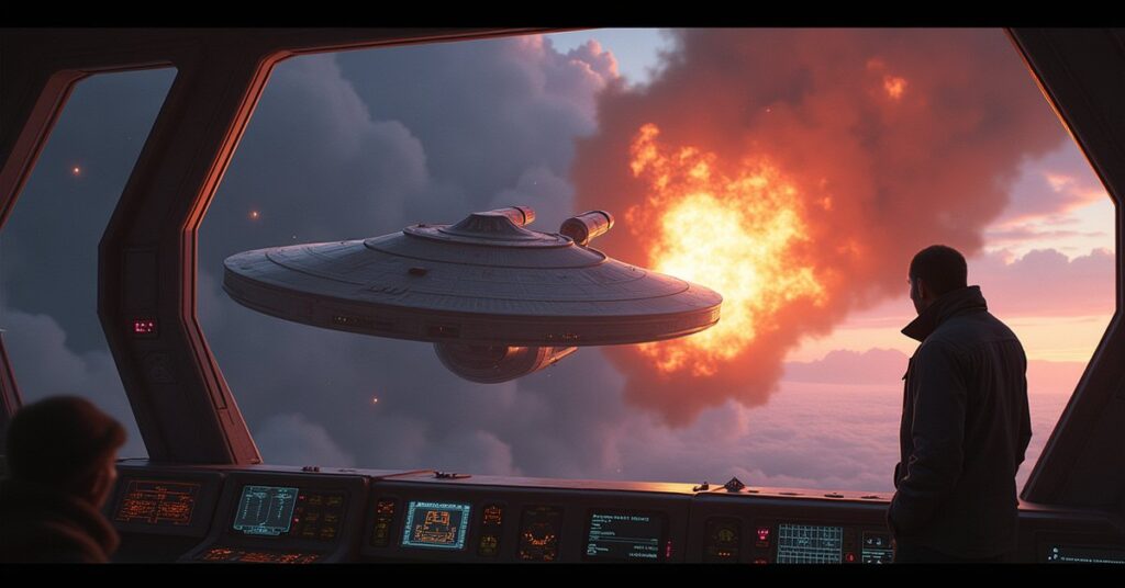 A starship under fire from a Breen warship while carrying a Trill researcher in Star Trek Fleet Command