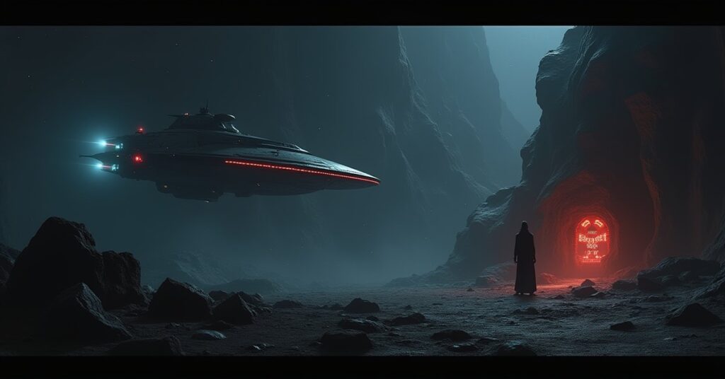 A starship confronting a rogue vessel near a hidden asteroid hideout in Star Trek Fleet Command