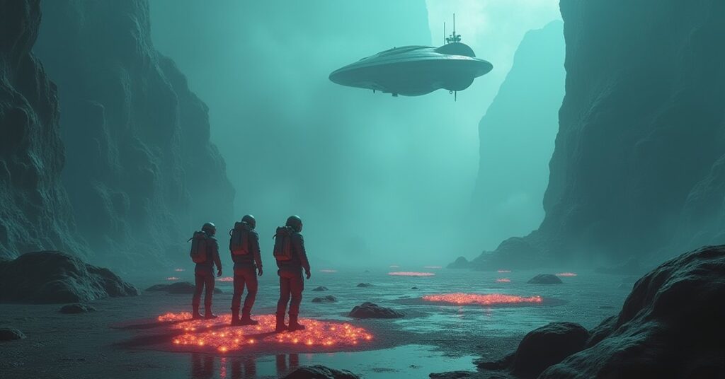 An away team sampling glowing bacteria on a misty alien planet in Star Trek Fleet Command
