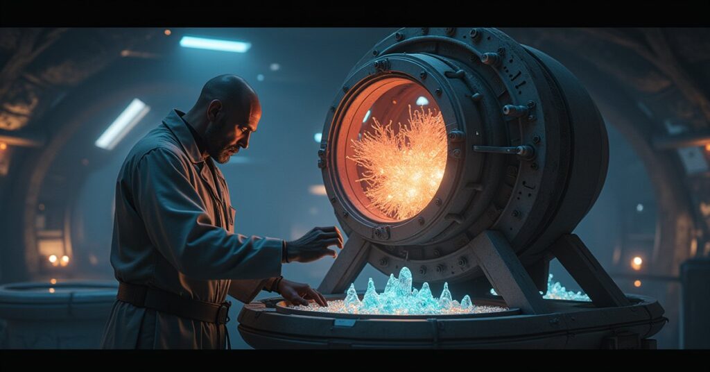 A scientist exposing a glowing bacteria culture to dilithium in a lab in Star Trek Fleet Command