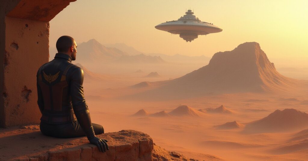 A Romulan officer watches a colony ship driven away from a half-built facility in Star Trek Fleet Command