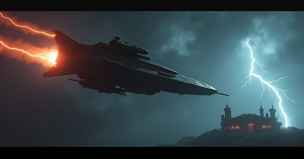 A starship tracking escapees through an energy storm toward a hidden mercenary base in Star Trek Fleet Command