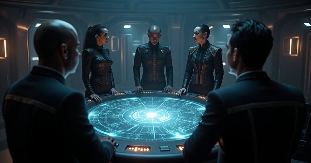 Officers from three factions around a holographic star map in a starbase war room in Star Trek Fleet Command