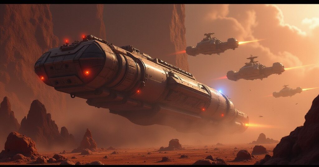 A starship defending a stranded mining ship from Gorn raiders in an asteroid field in Star Trek Fleet Command