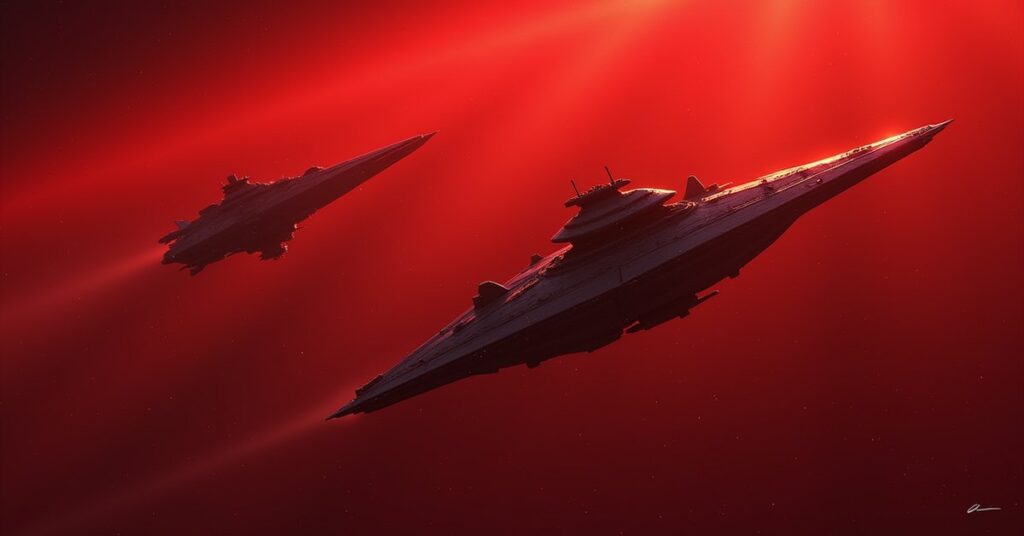 Two disabled Klingon cruisers in a red nebula being taken toward a prison planet in Star Trek Fleet Command
