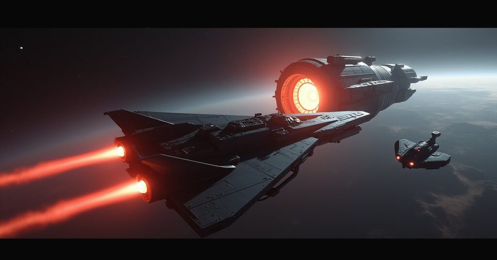 A starship racing a mercenary escort toward a glowing relay station in Star Trek Fleet Command