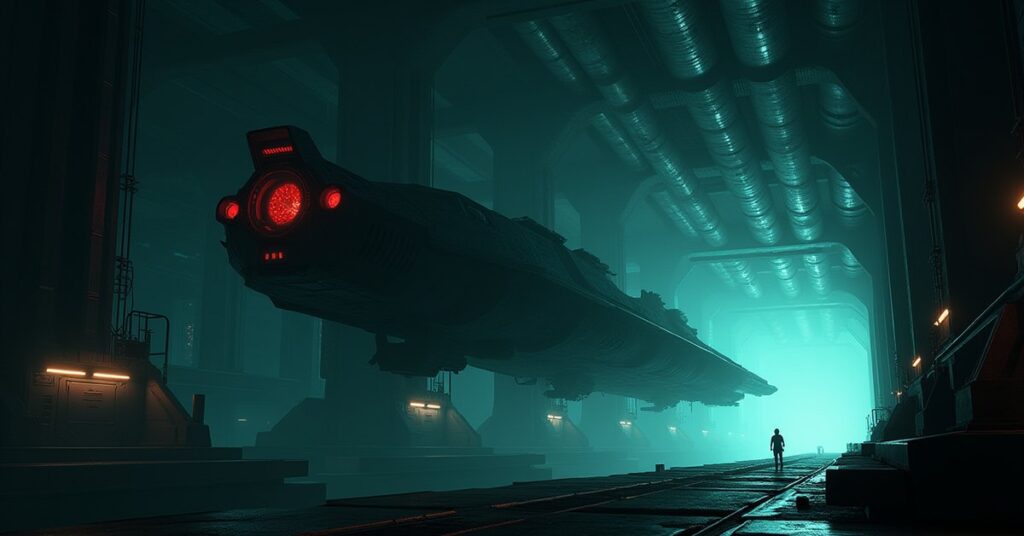 A starship docked at an engineering station with a distant figure on a catwalk in Star Trek Fleet Command