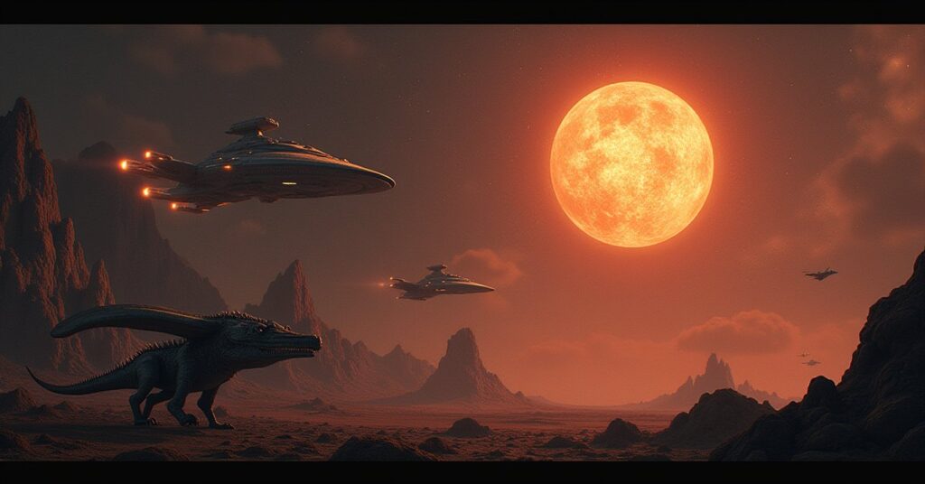 A Gorn warship and Klingon cruiser studying a glowing star map over a desolate world in Star Trek Fleet Command