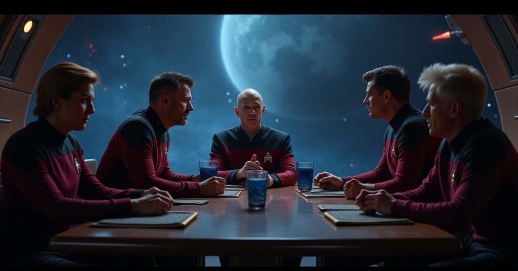 Picard rallies Riker and Worf around a table of blue Romulan ale in Star Trek Fleet Command