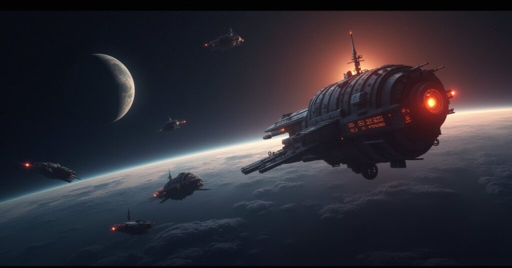 A newly built space habitat lit up for an opening ceremony as small ships gather around it