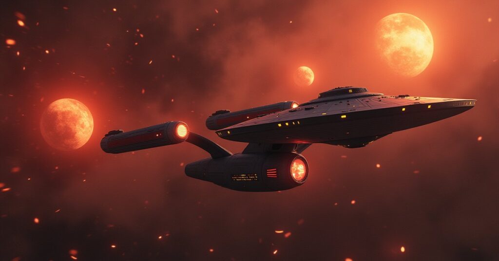 A Federation starship intercepting a salvage ship among planetary debris in Star Trek Fleet Command