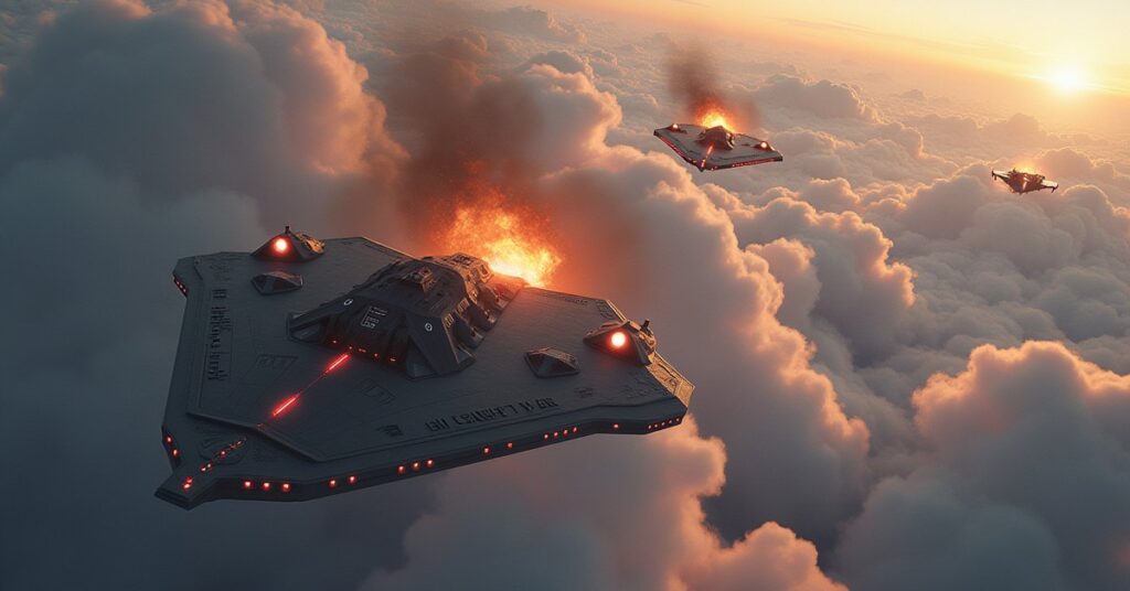 A Klingon fleet attacking a Starfleet base over a cloudy colony world in Star Trek Fleet Command