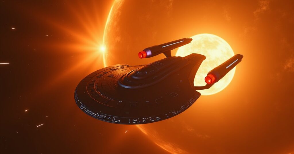 A Klingon ship attacking a Federation starship near an orange star in Star Trek Fleet Command