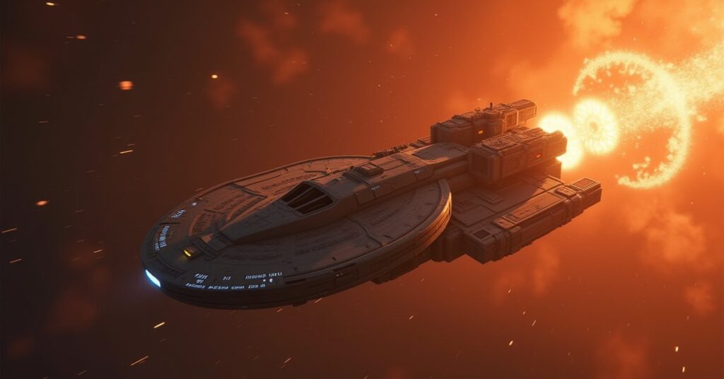 A starship hunting a fugitive's ship into Klingon space in Star Trek Fleet Command