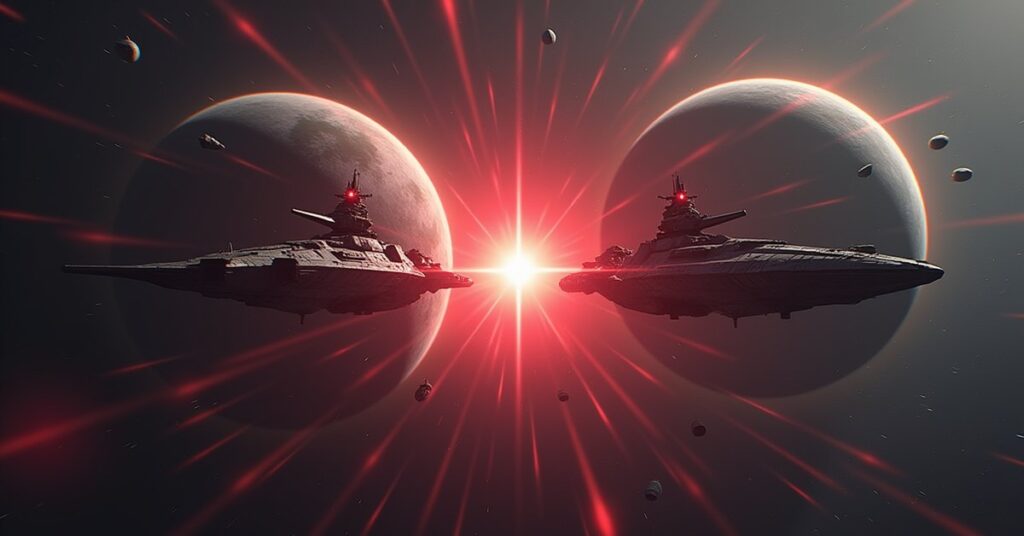 Rival colony warships facing off under a pulsing red signal in Star Trek Fleet Command