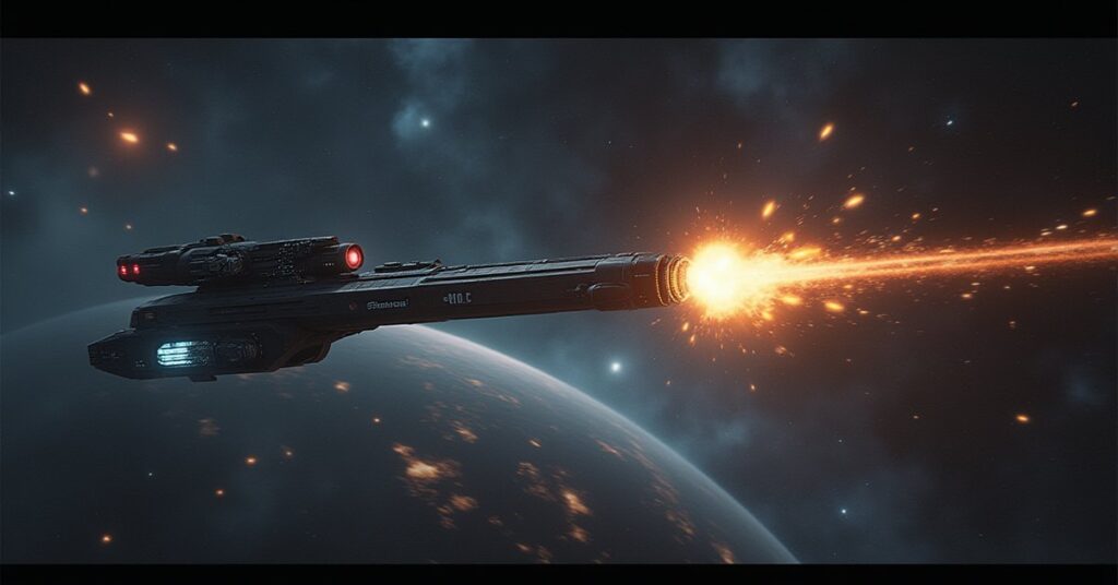 A starship attacking a Starfleet prison transport near a starbase in Star Trek Fleet Command