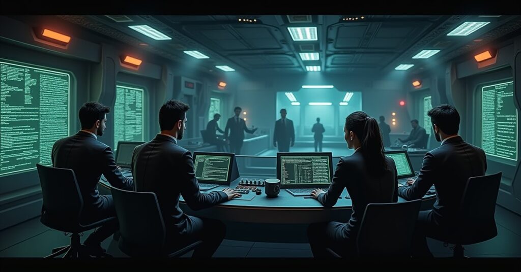 A starship crew gathered around a console after a defeat in Star Trek Fleet Command
