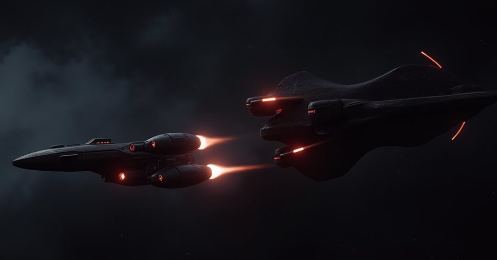 A Romulan rebel ship facing a black Section 31 vessel in Star Trek Fleet Command