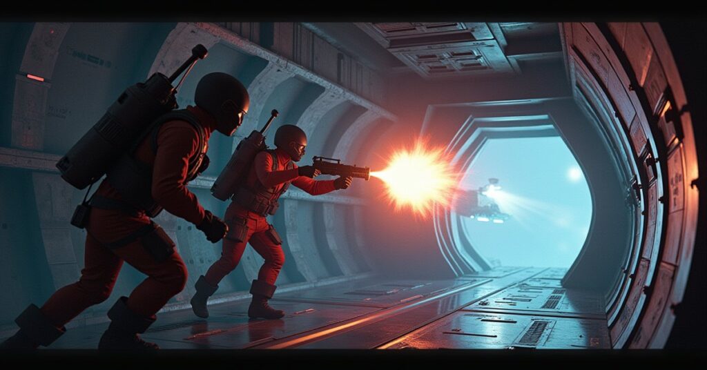 A crew disarming a glowing bomb as an intruder's ship flees in Star Trek Fleet Command