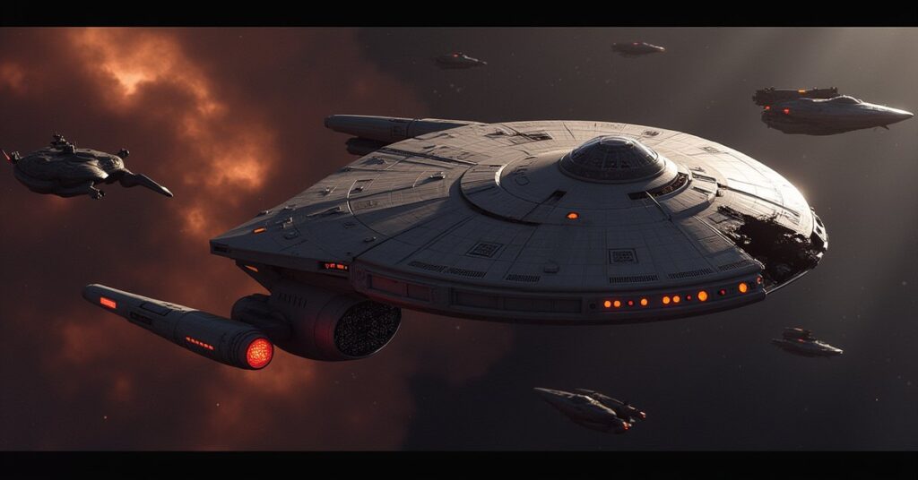 The damaged U.S.S. Athena under attack by bandit vessels in an unfamiliar star system