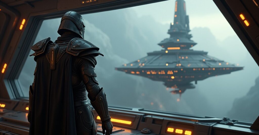A Klingon with prosthetics on a starship bridge as a warship decloaks in Star Trek Fleet Command