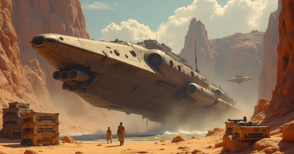 A starship leaving a trading port with weapon crates as a Gorn ship waits in Star Trek Fleet Command
