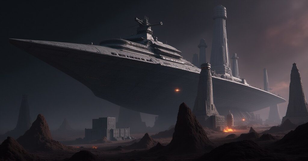 A Galor-class cruiser closes on a ship waiting beside a Cardassian outpost in Star Trek Fleet Command