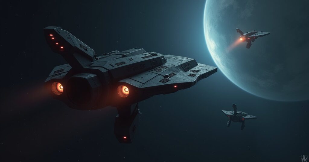 A starship facing a Romulan warship in a dim nebula with a starbase behind in Star Trek Fleet Command