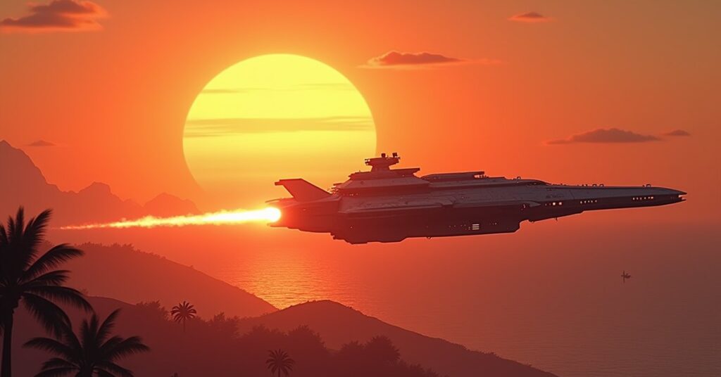 A starship chasing a weapons dealer's ship away from a resort planet in Star Trek Fleet Command