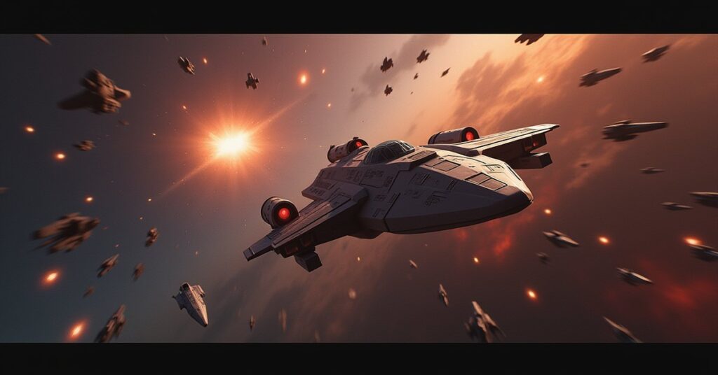 A starship fleeing through a swarm of small ships as a lone pursuer ship glowing with repair energy follows
