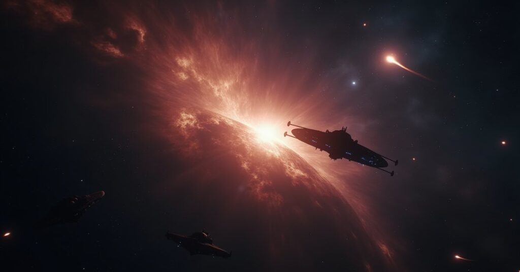 A starship releases glowing dilithium into a swirling dark nebula as confused trader ships drift nearby