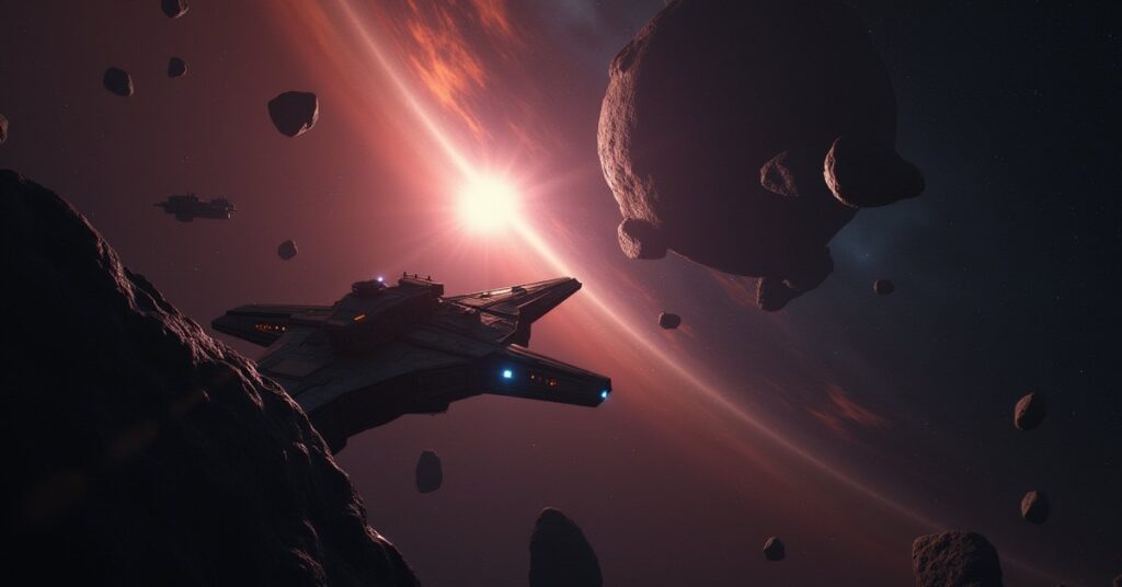 A starship scanning a shimmering anomaly as a Suliban ship lurks nearby in Star Trek Fleet Command