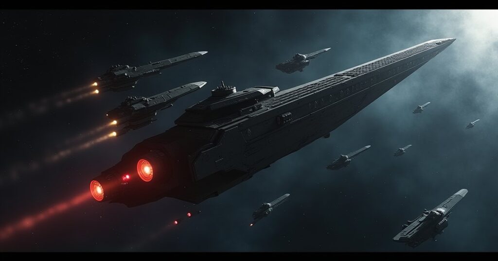 A Romulan warbird facing a Klingon cruiser in a Klingon star system in Star Trek Fleet Command