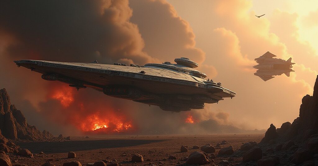 A starship scanning Vulcan wreckage as a Romulan warbird decloaks in Star Trek Fleet Command