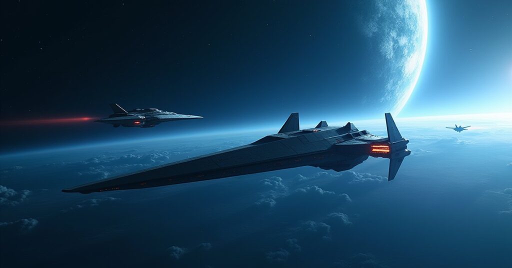 A starship defending a diplomatic shuttle from an assassin ship near a blue planet in Star Trek Fleet Command