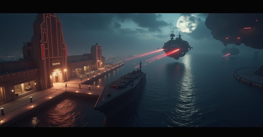 A starship at a glittering casino station as a bodyguard ship blocks it in Star Trek Fleet Command