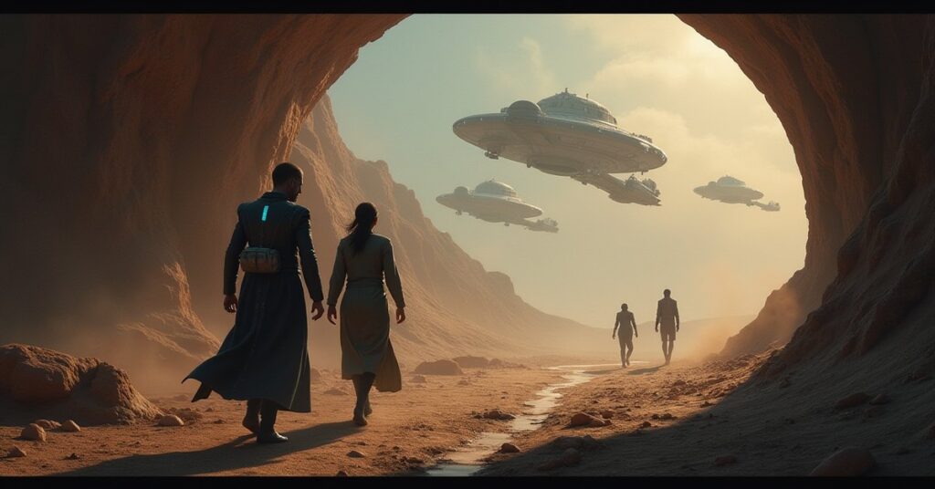 A Romulan scientist and a synth flee a hidden lab while scavenger ships swarm overhead