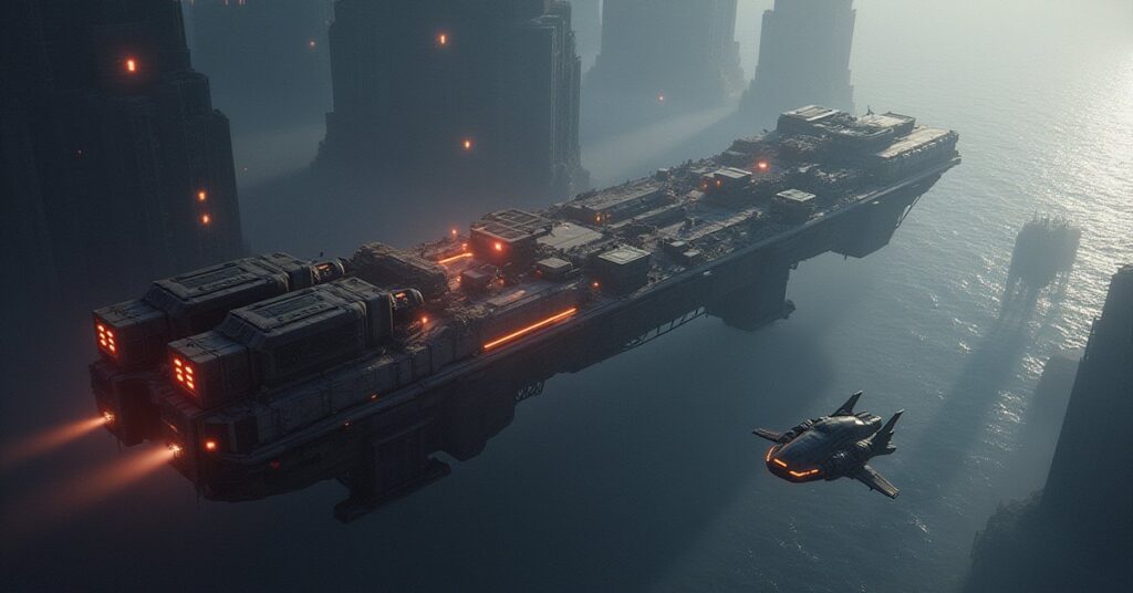 A starship approaching a frontier space dock patrolled by a guard drone in Star Trek Fleet Command