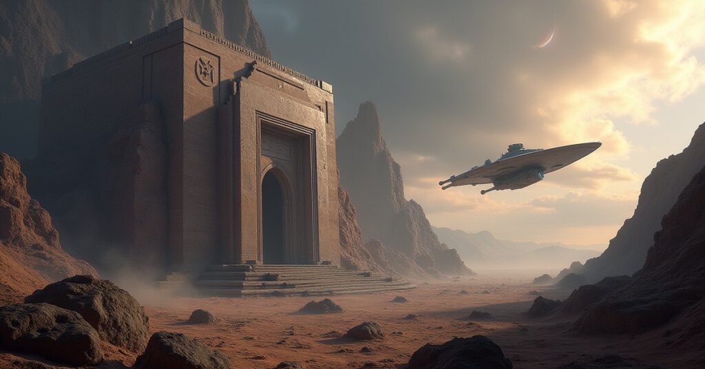 An ancient Klingon temple on a rocky world with ships circling above in Star Trek Fleet Command