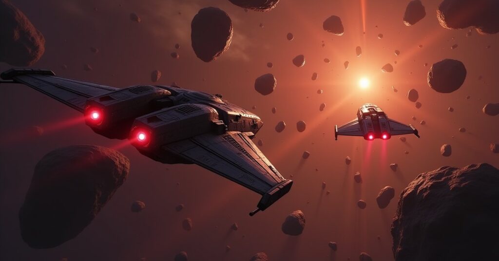 Two bounty hunter ships closing in on a starship in an asteroid field in Star Trek Fleet Command