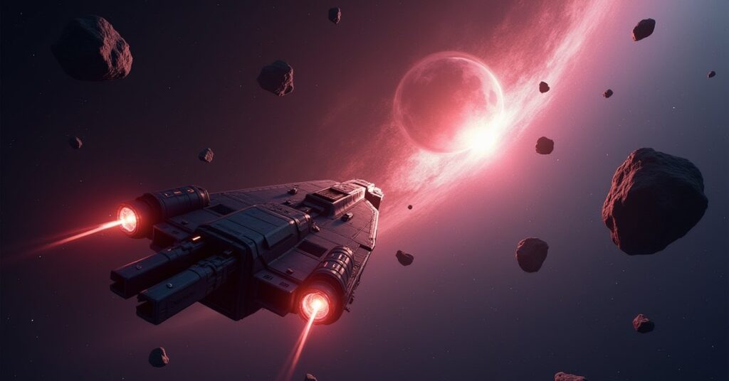 A starship blasts glowing asteroids beside a spatial anomaly over a planet in Star Trek Fleet Command