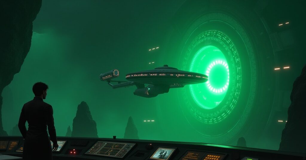 A starship scanning a green-lit Borg station in Star Trek Fleet Command
