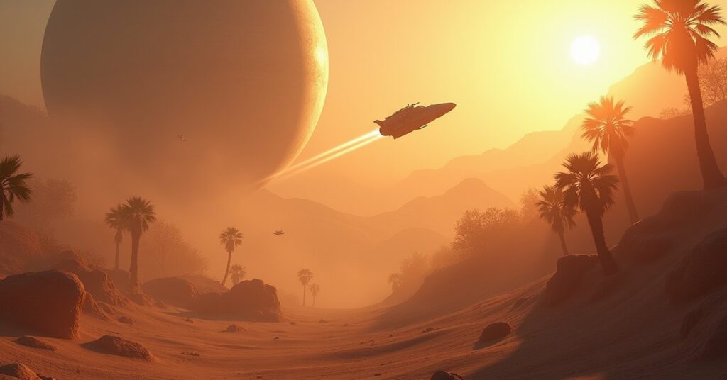 A small starship pursuing a fleeing ship past a tropical planet in Star Trek Fleet Command